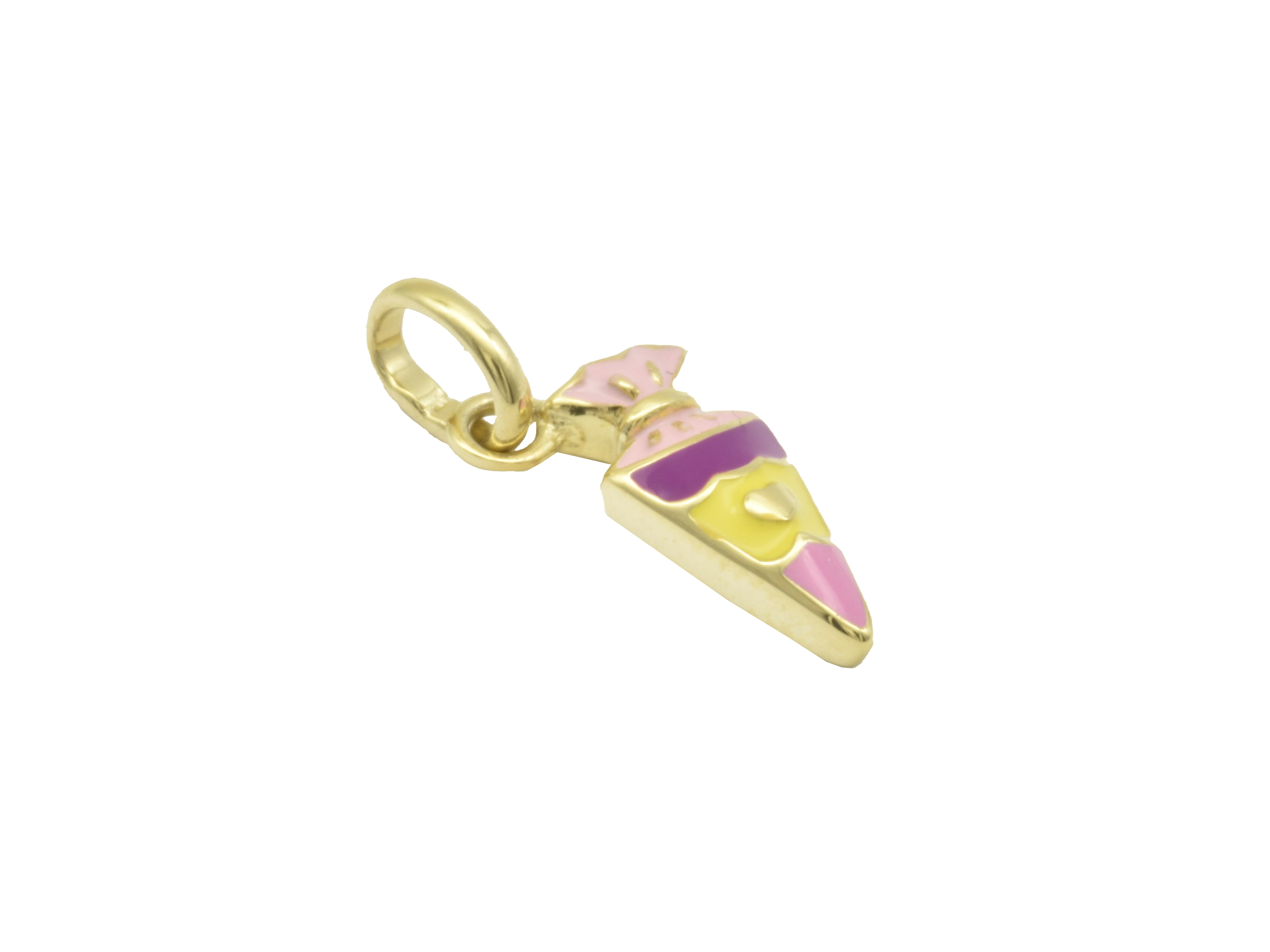 Ein Anhänger in Form einer Schultüte aus poliertem Gelbgold 333, verziert mit buntem Lack in Rosa, Gelb und Lila, idealer Kinderschmuck von Juwelier Harnisch.