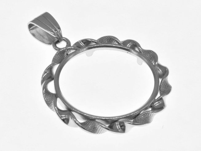 Anhänger aus rhodiniertem 925 Sterling Silber mit einer runden Fassung für Münzen bis 22 mm Durchmesser, dekorativer Kordelrand, Hersteller Juwelier Harnisch.