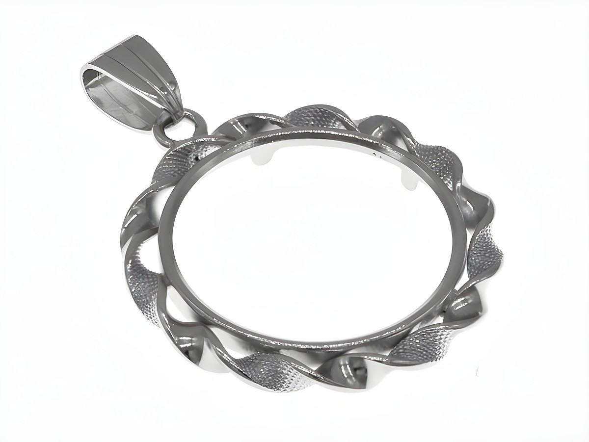 Anhänger aus rhodiniertem 925 Sterling Silber mit einer runden Fassung für Münzen bis 22 mm Durchmesser, dekorativer Kordelrand, Hersteller Juwelier Harnisch.