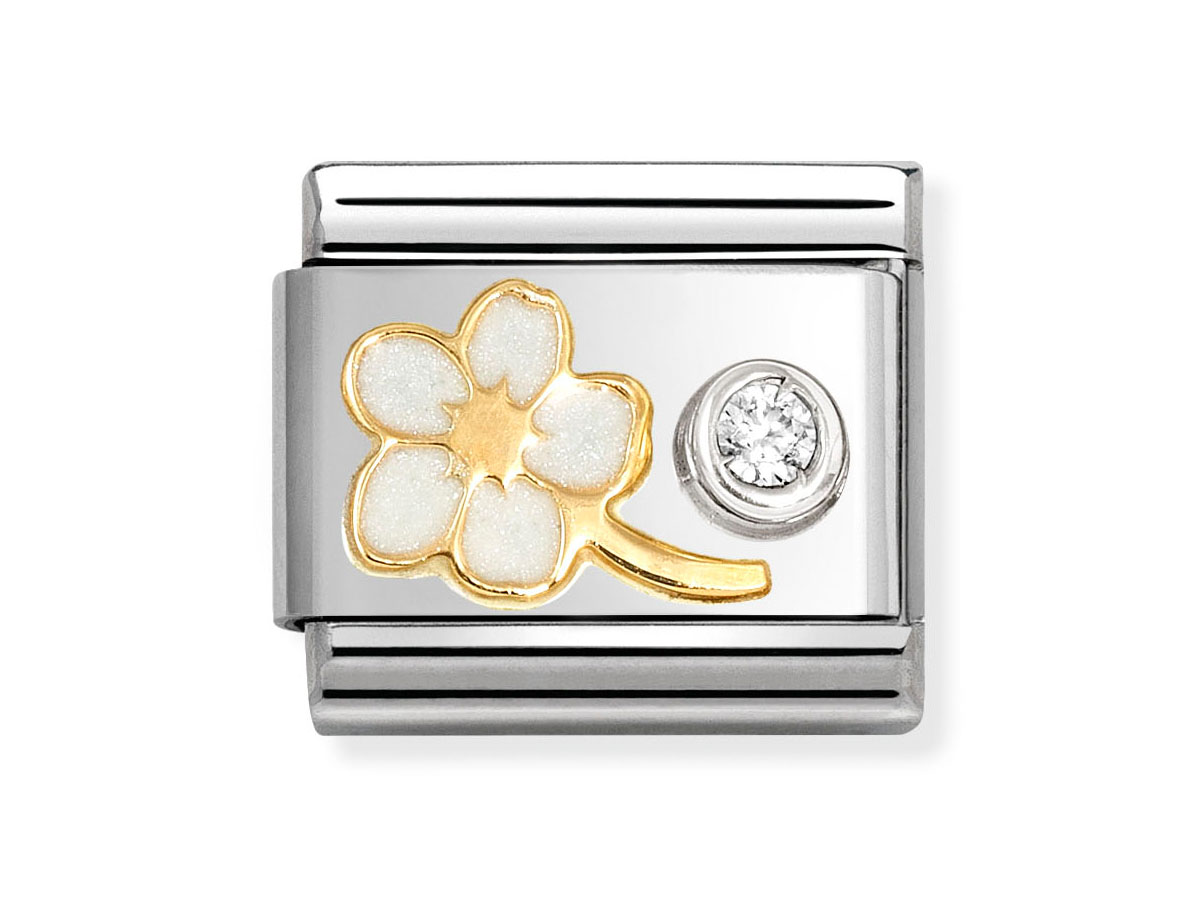 Ein charmantes Element von Nomination, gefertigt aus 585 Gelbgold und Sterling Silber. Es zeigt ein weißes Vergissmeinnicht mit Zirkonia in der Fassung. Ideal für Schmuckliebhaber.