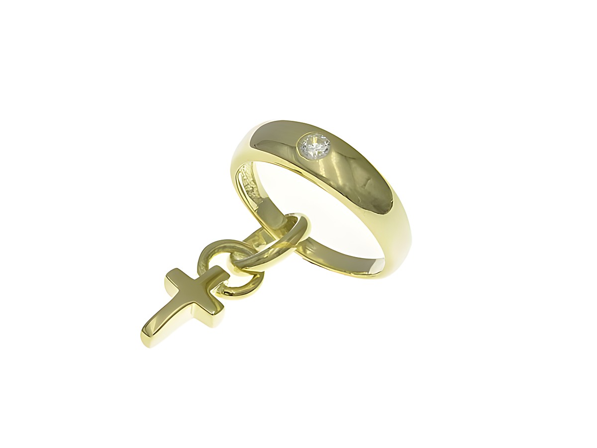Taufring mit Kreuz aus poliertem Sterling Silber, vergoldet in Gelbgold, verziert mit Zirkonia, Hersteller Juwelier Harnisch, aus Silber mit Anhänger.