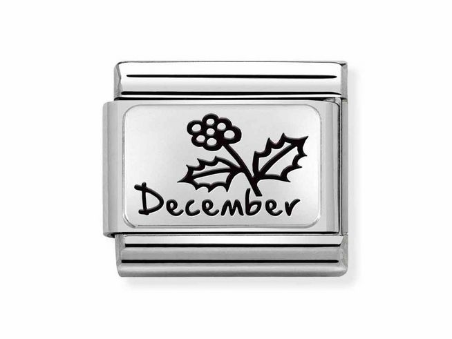 Edelstahl Charm von Nomination mit dem Monat Dezember, verziert mit einer stilisierten Pflanzenillustration und der Aufschrift Dezember. Ideal als Geschenk für Geburtstagskinder im Dezember.
