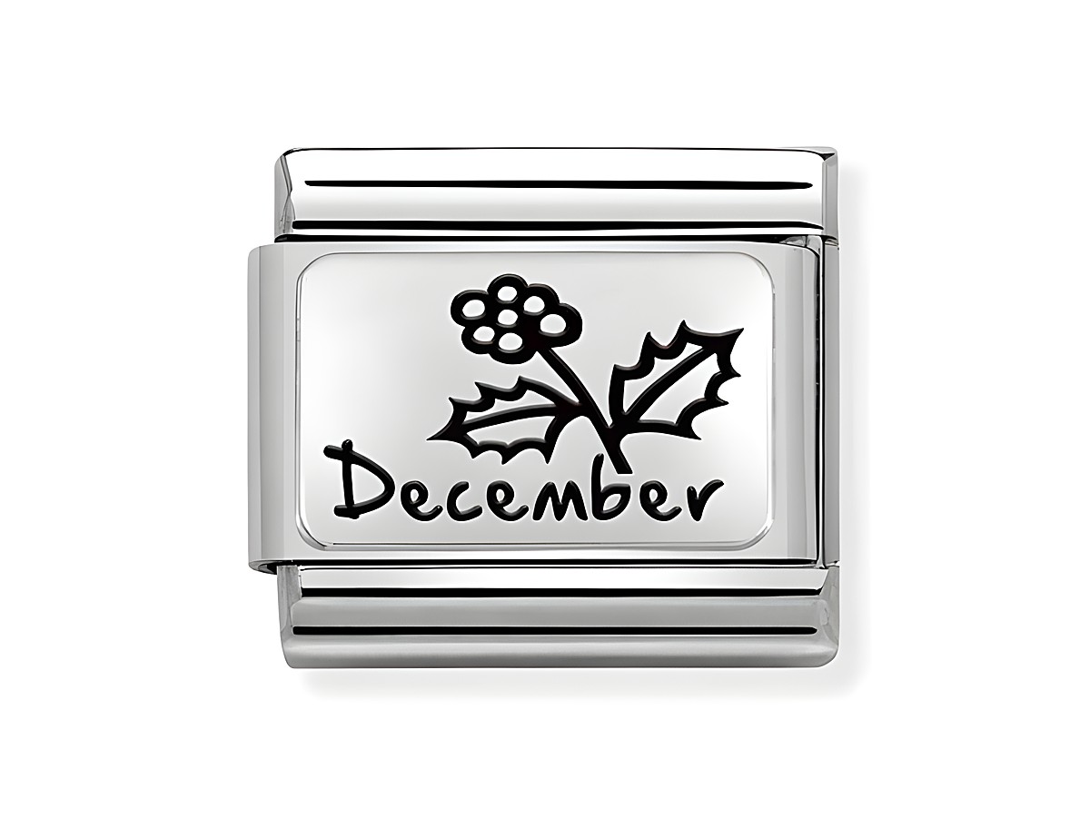 Edelstahl Charm von Nomination mit dem Monat Dezember, verziert mit einer stilisierten Pflanzenillustration und der Aufschrift Dezember. Ideal als Geschenk für Geburtstagskinder im Dezember.
