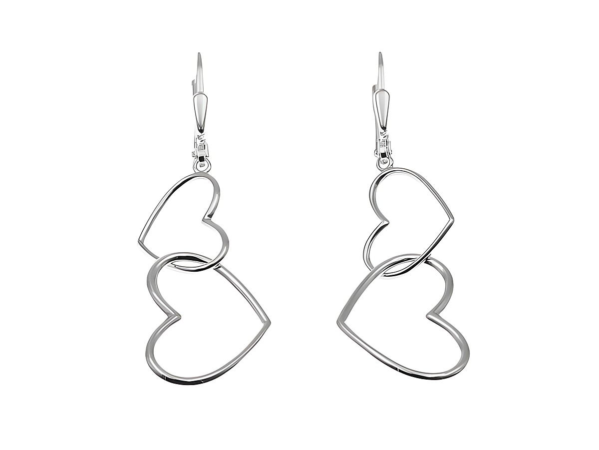 Ohrhänger Doppel Herzen aus rhodiniertem Sterling Silber, filigranes Design ohne Stein, gefertigt vom Juwelier Harnisch, ideal für einen eleganten Look.
