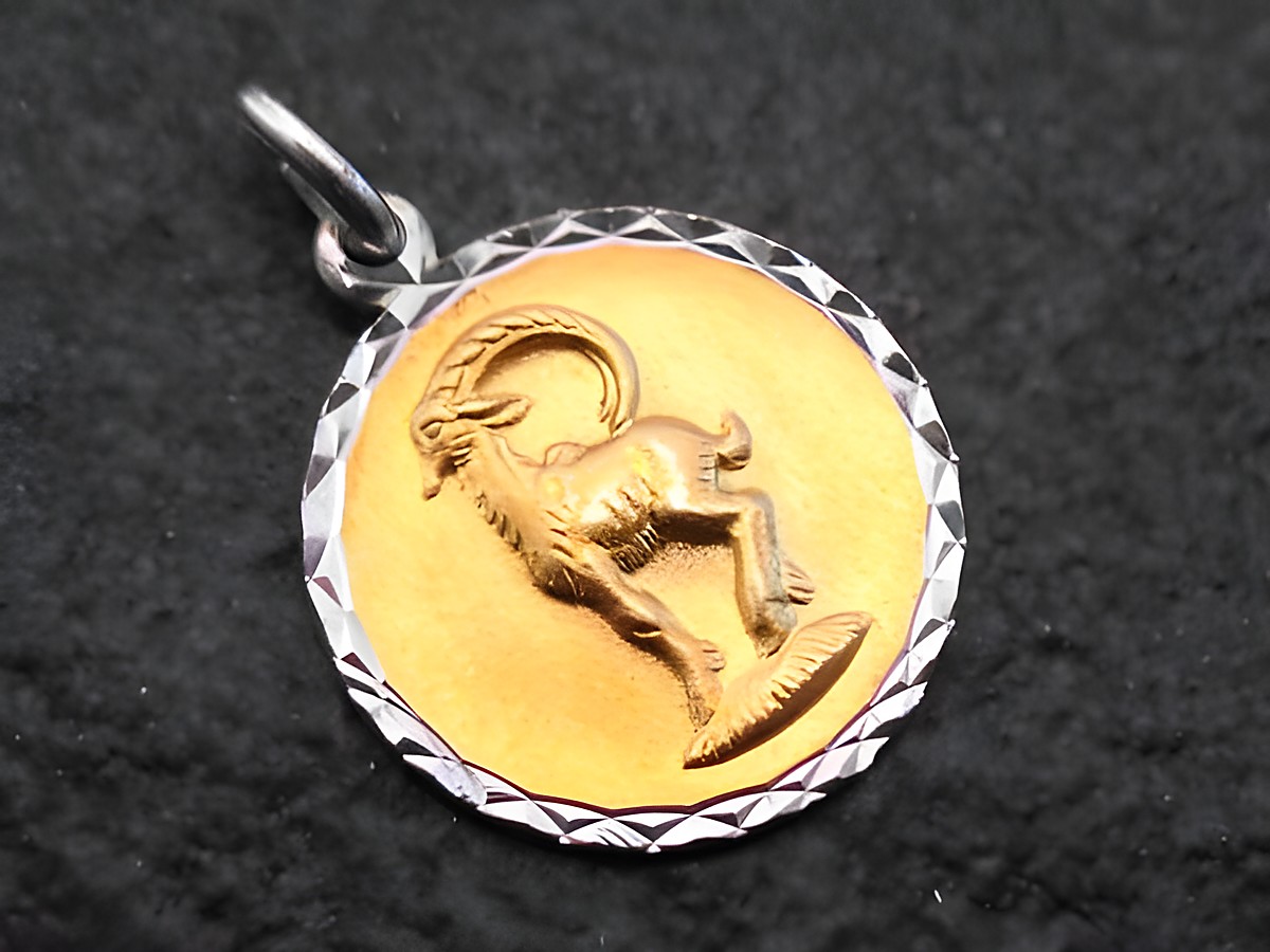 Anhänger aus Gold auf Silber mit dem Sternzeichen Steinbock, Hersteller Juwelier Harnisch, zeigt eine detaillierte Darstellung eines Steinbocks auf goldenem Grund.