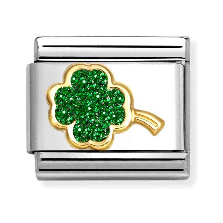 Nomination Composable Classic Charm Kleeblatt grün - Edelstahl, Gold 750 Gelbgold, Emaille, Zirkonia