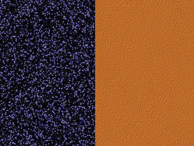 26001581-0 Das Bild zeigt zwei Leder-Einlagen für einen Armreif von Les Georgettes. Auf der linken Seite ist eine glitzernde dunkelblaue Fläche zu sehen, während die rechte Seite in einem warmen Ocker-Gelb gehalten ist.