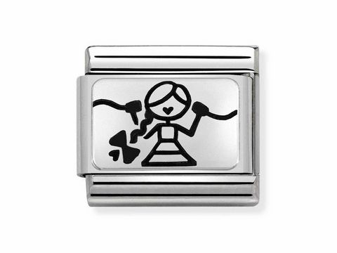 Zentrale Komponente für Schmuck, oxidierte Plakette aus Edelstahl in Silber mit einer stilisierten Darstellung eines Mädchens, das ein Herz hält. Ideal für individuelle Armbandgestaltungen.