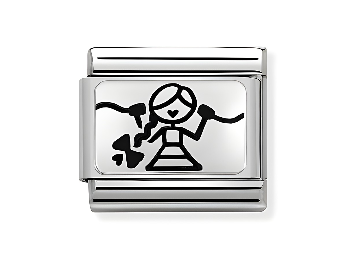 Zentrale Komponente für Schmuck, oxidierte Plakette aus Edelstahl in Silber mit einer stilisierten Darstellung eines Mädchens, das ein Herz hält. Ideal für individuelle Armbandgestaltungen.