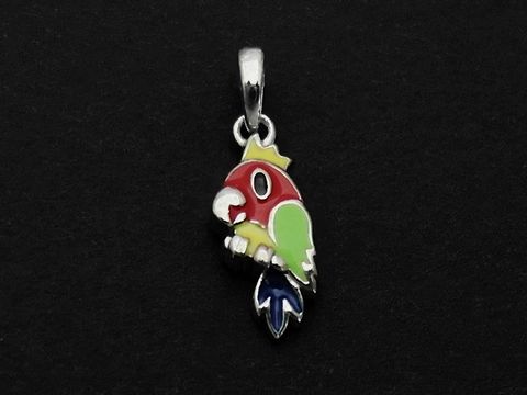 Papagei Silber Anhänger für Kinder, tierisch gestaltet mit Lack in grün, rot, gelb, blau und schwarz, Hersteller Juwelier Harnisch.