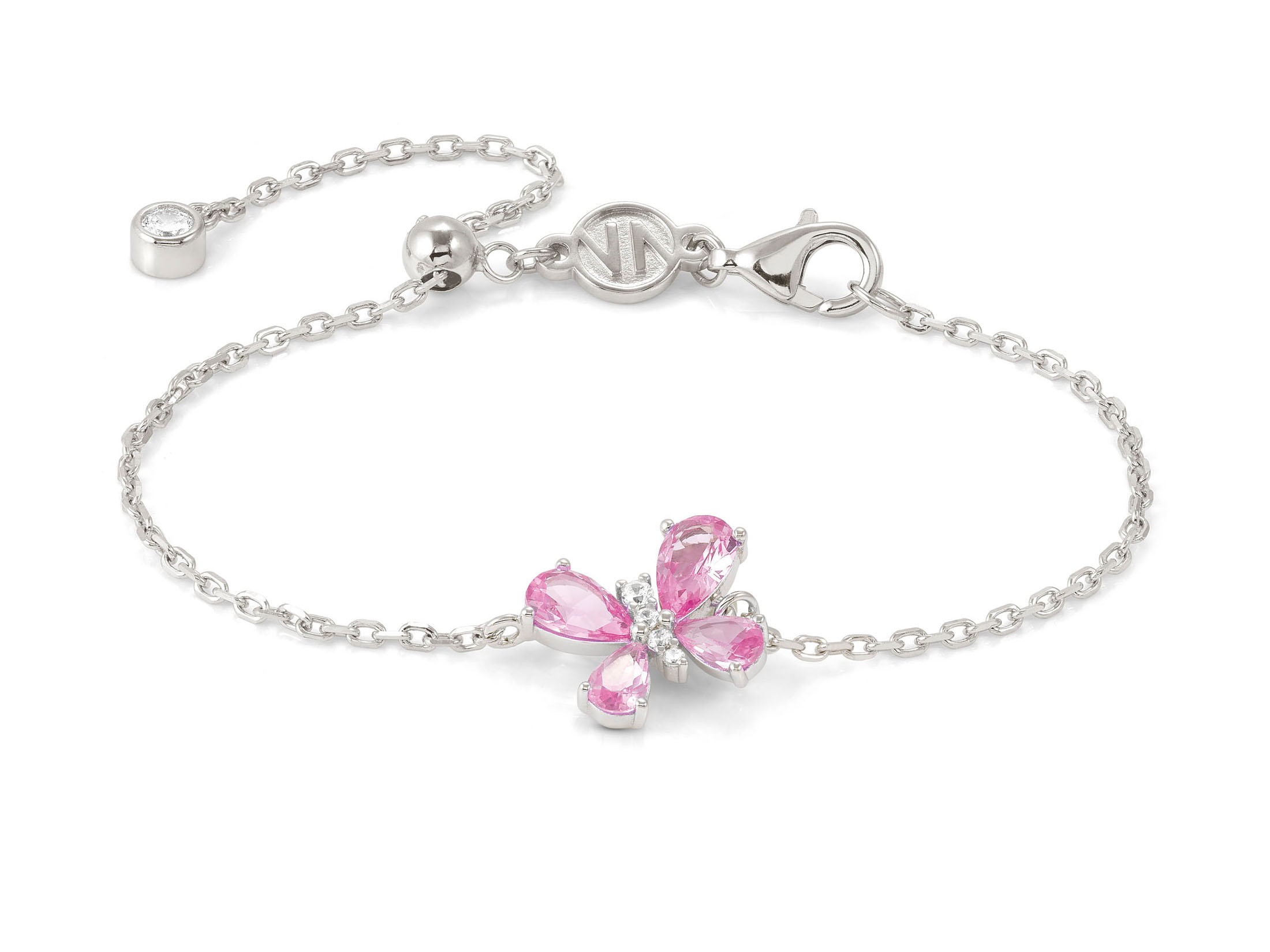 Armband aus Sterling Silber mit einem Schmetterling aus Zirkonia in Pink und Weiß, verstellbar bis 18 cm, von Nomination, elegant und verspielt gestaltet.