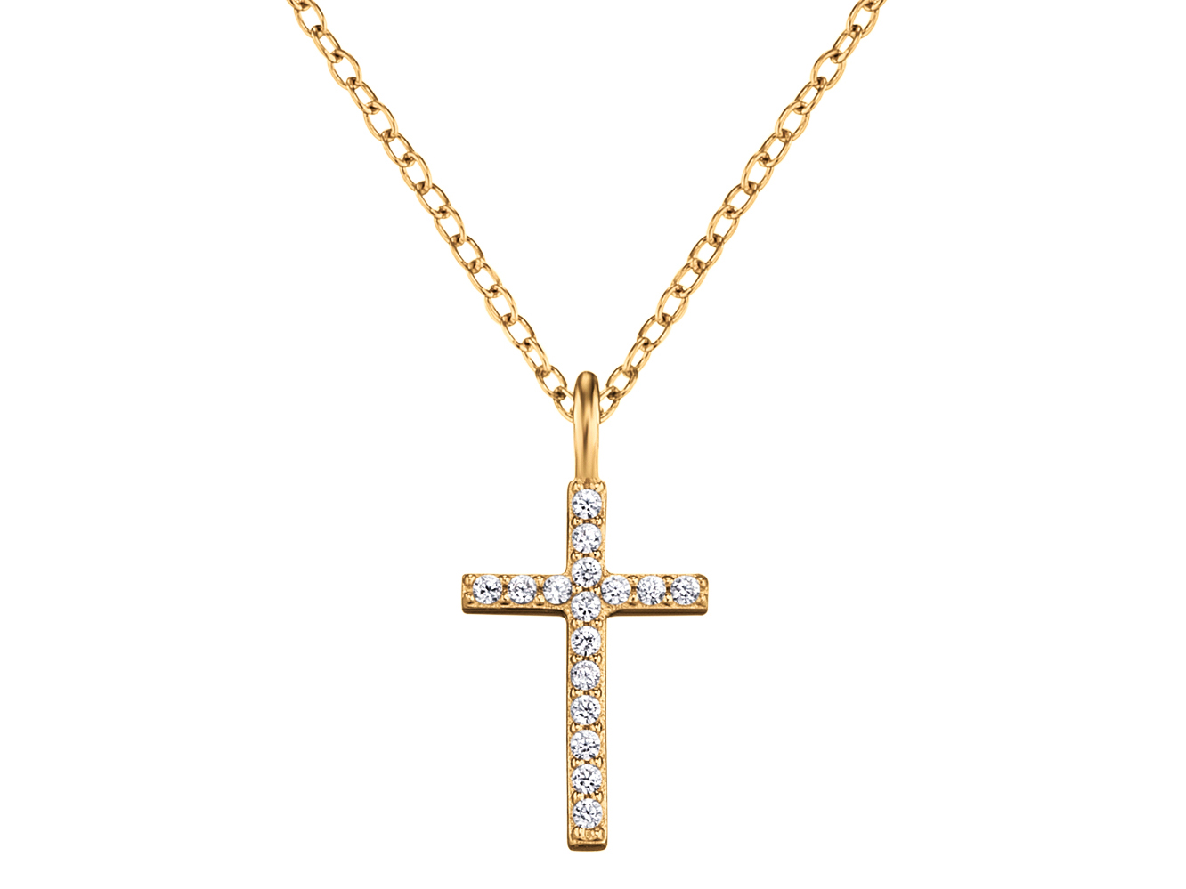 Die Halskette von Engelsrufer zeigt einen platierten Anhänger in Kreuzform, verziert mit Zirkonia, an einer feinen goldfarbenen Kette. Ideal für stilvolle Akzente.