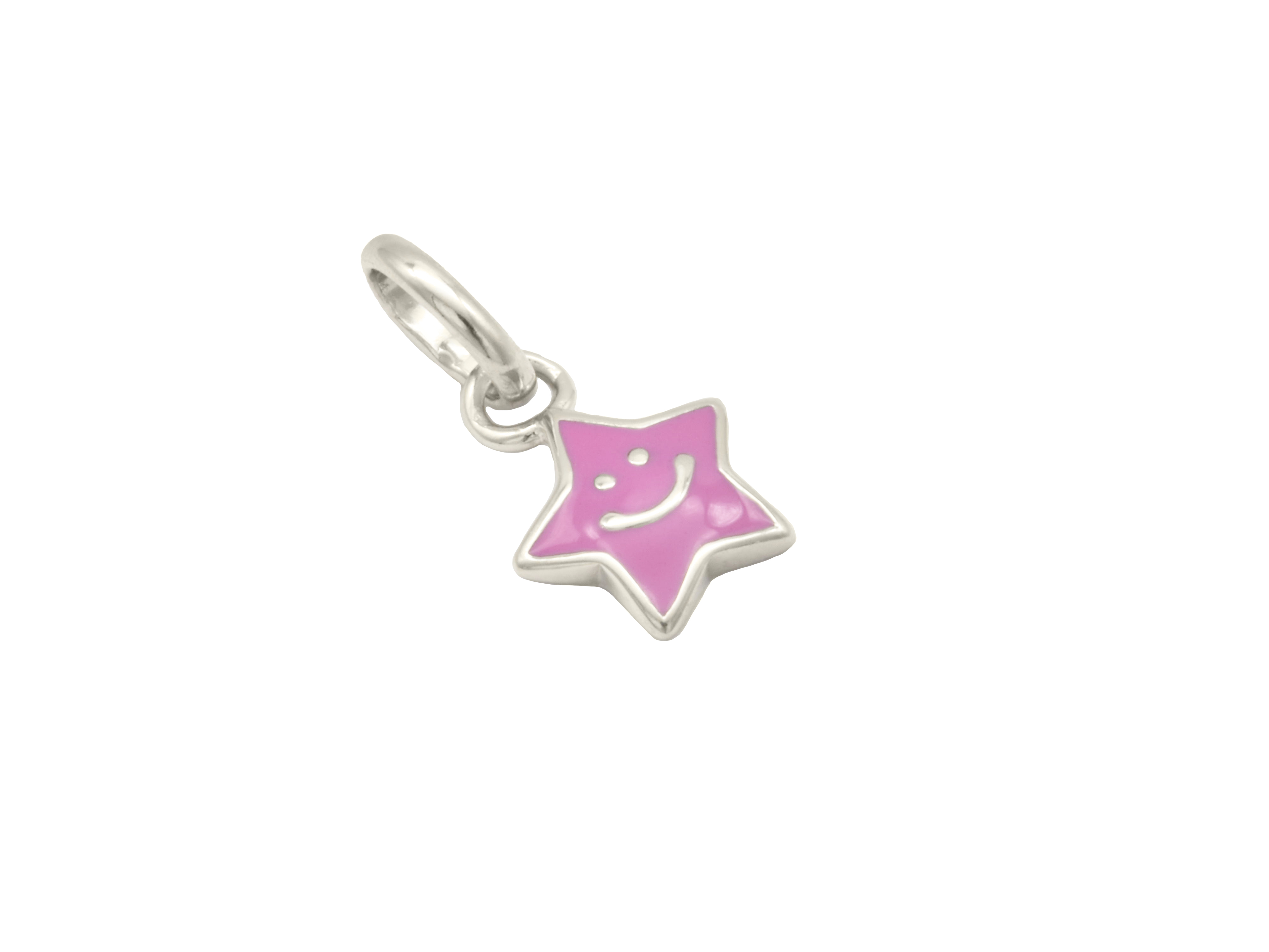 Ein Anhänger in Form eines lächelnden Sterns aus rhodiniertem 925er Sterling Silber, lackiert in Rosa, idealer Kinderschmuck vom Hersteller Juwelier Harnisch.