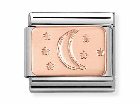 Roségoldene Classic Platte von Nomination mit einem Halbmond und fünf Sternen, elegant gestaltet für modisches Schmuckdesign. Ideal für alle, die den Nachthimmel lieben.