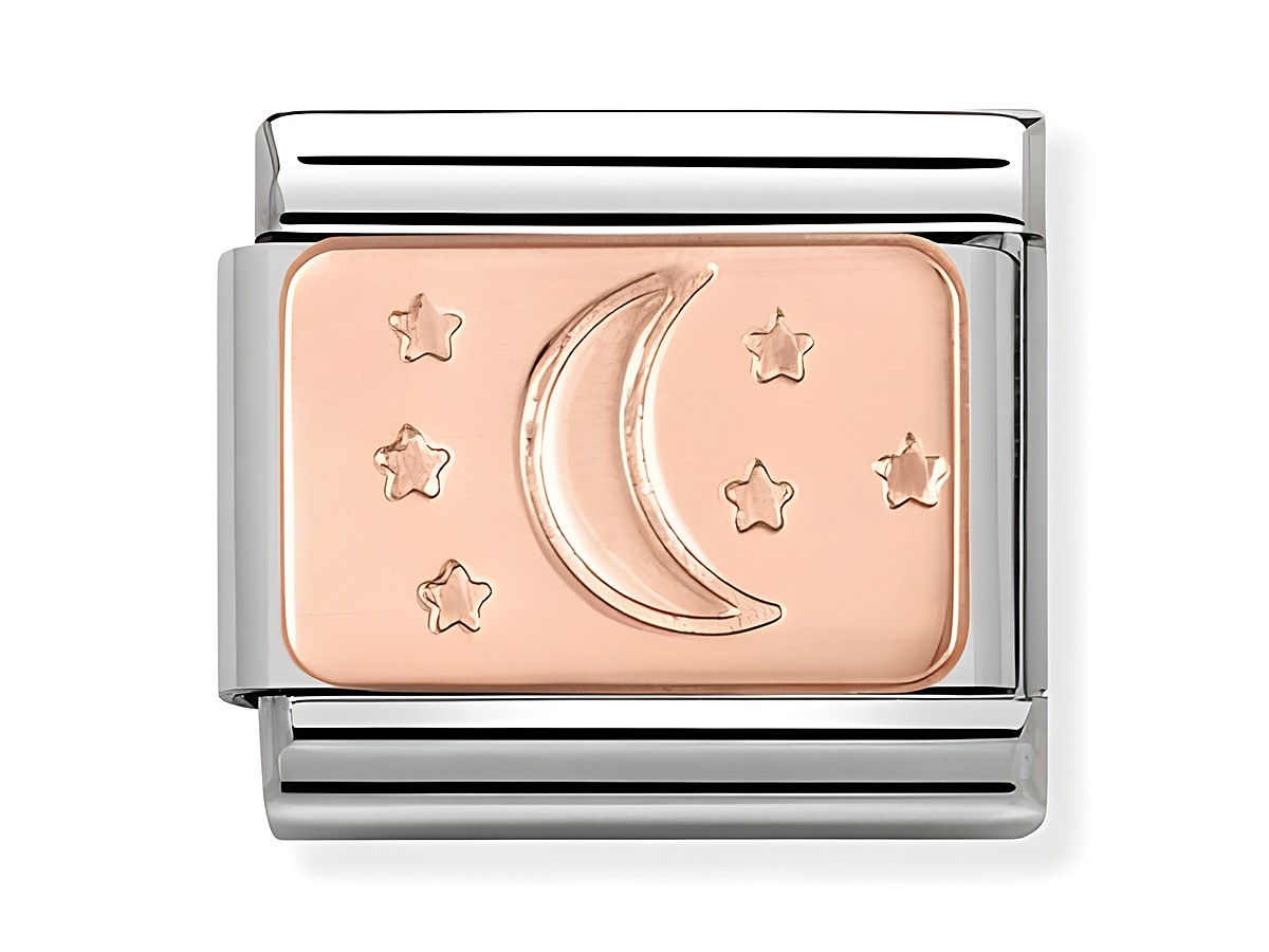 Roségoldene Classic Platte von Nomination mit einem Halbmond und fünf Sternen, elegant gestaltet für modisches Schmuckdesign. Ideal für alle, die den Nachthimmel lieben.