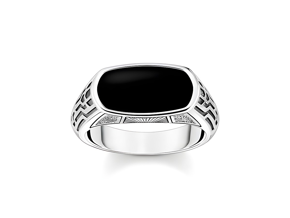 Silberner Thomas Sabo TR2429-507-11-58 Ring mit schwarzem Achat und geschwungenem Design in Größe 58, ideal für stilbewusste Männer.