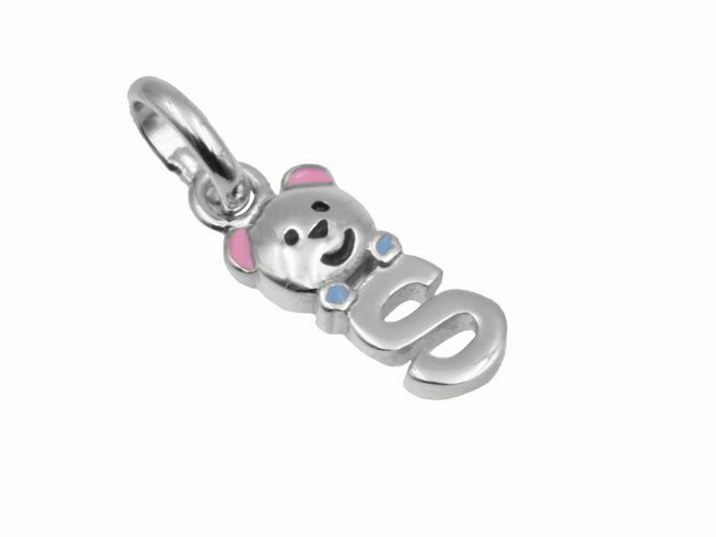 Teddy-Anhänger aus 925 Sterling Silber, poliert und rhodiniert, mit dem Buchstaben S, niedliches Design für Kinder, Hersteller Juwelier Harnisch.