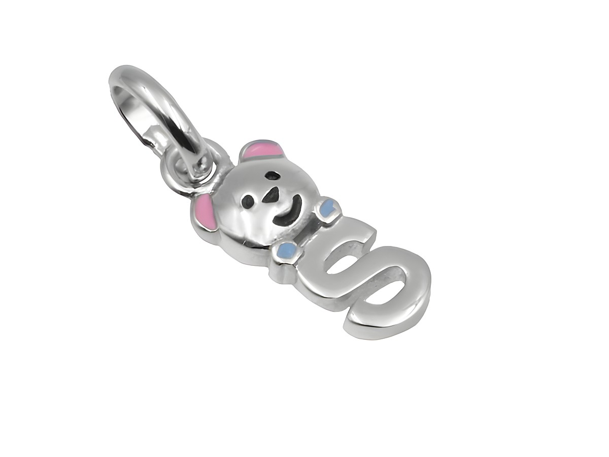 Teddy-Anhänger aus 925 Sterling Silber, poliert und rhodiniert, mit dem Buchstaben S, niedliches Design für Kinder, Hersteller Juwelier Harnisch.