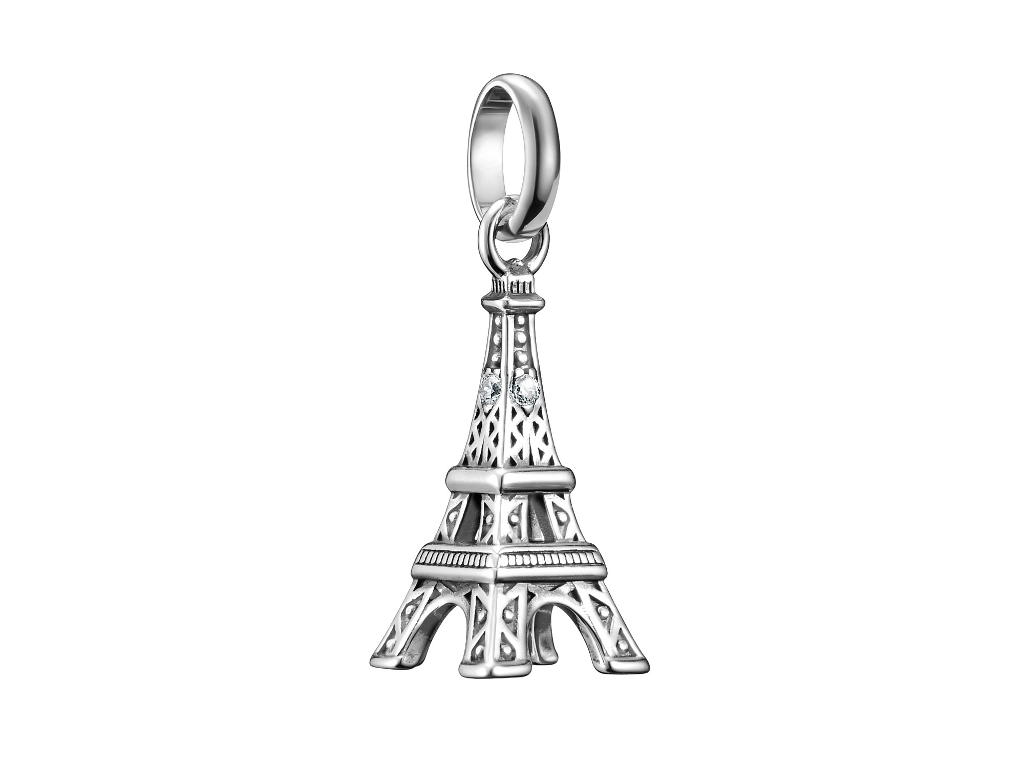 Charm in Form des Eiffelturms aus Silber und geschwärztem Material, verziert mit Zirkonia, Hersteller Thomas Sabo, Charm Club CONNECT.