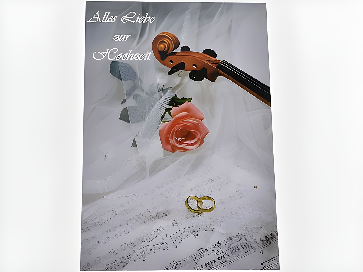 Hochzeitskarte mit Schleier, Ringen, Rose, Violine und Noten, Hersteller Juwelier Harnisch, ideal für Hochzeitsgrüße und romantische Anlässe.