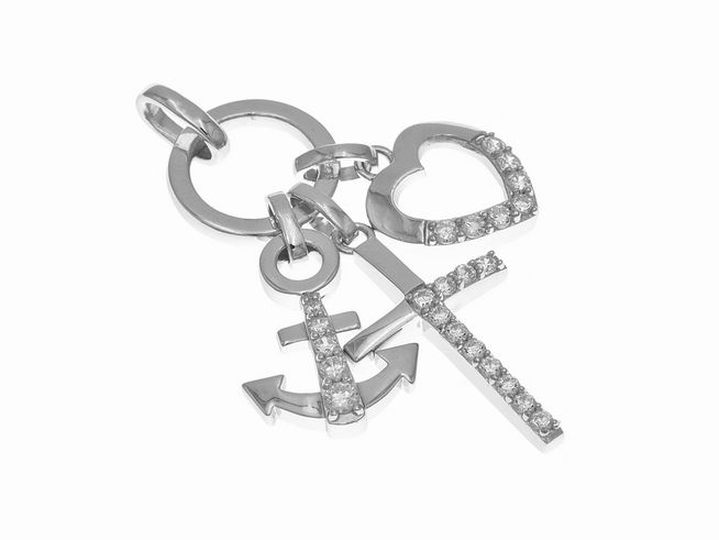Anhänger aus poliertem rhodiniertem Sterling Silber mit den Symbolen Glaube, Liebe und Hoffnung, verziert mit Zirkonia. Hersteller Juwelier Harnisch.