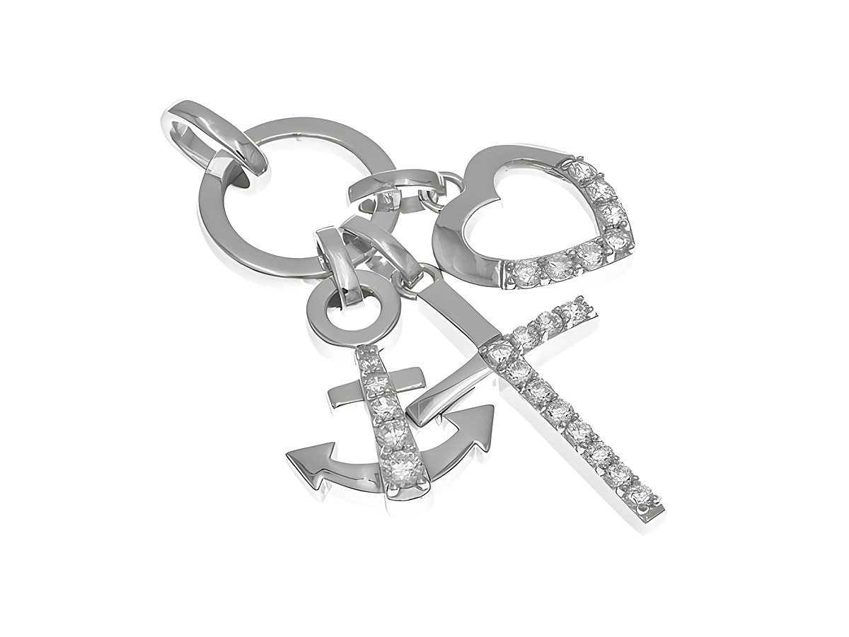 Anhänger aus poliertem rhodiniertem Sterling Silber mit den Symbolen Glaube, Liebe und Hoffnung, verziert mit Zirkonia. Hersteller Juwelier Harnisch.