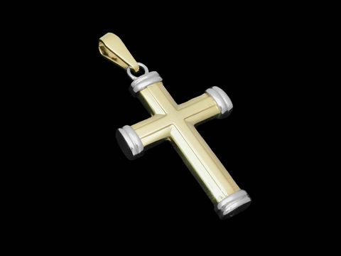 Kreuz Anhänger Gold 585 bicolor ausdruckstark von Juwelier Harnisch bicolor. Der Anhänger zeigt eine elegante Kombination aus Gold und Silber mit kräftiger Formgebung.