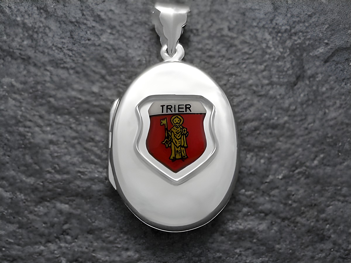 Silbernes Medaillon mit dem Stadtwappen von Trier, Deutschland, ausgeführt in Rot und Gold, gefertigt von Juwelier Harnisch aus Rheinland-Pfalz.