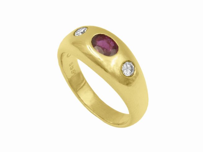 Eleganter Gelbgoldring aus 585er Gold mit einem Rubin und zwei Brillanten, handgefertigt in Größe 55, Hersteller Juwelier Harnisch, bis Größe 54/17,5.