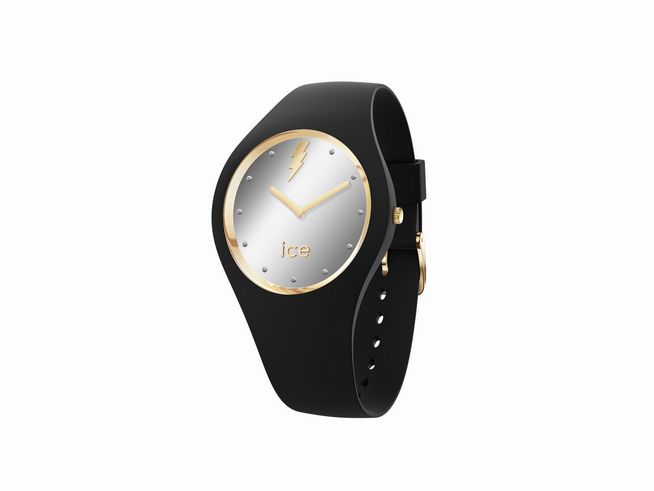 Uhr ICE WATCH - Ice Glam Rock - Metallic - 019854 - small in schwarzem Silikonarmband mit silbernem Zifferblatt und goldenen Akzenten, sportlich und modern gestaltet.