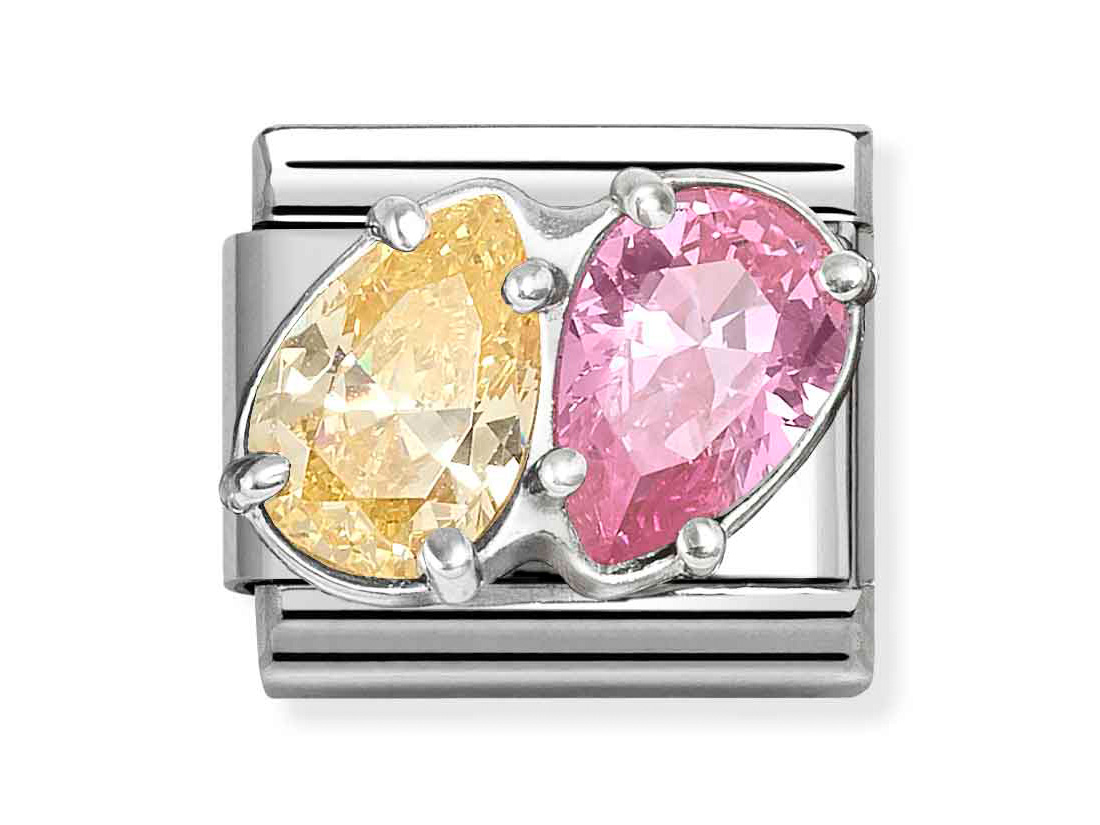 Zwei Tropfenförmige Zirkonia Steine in gelb und rosa, eingefasst in poliertem Sterling Silber, als charm von Pandora. Elegant und glänzend, ideal für jedes Armband.