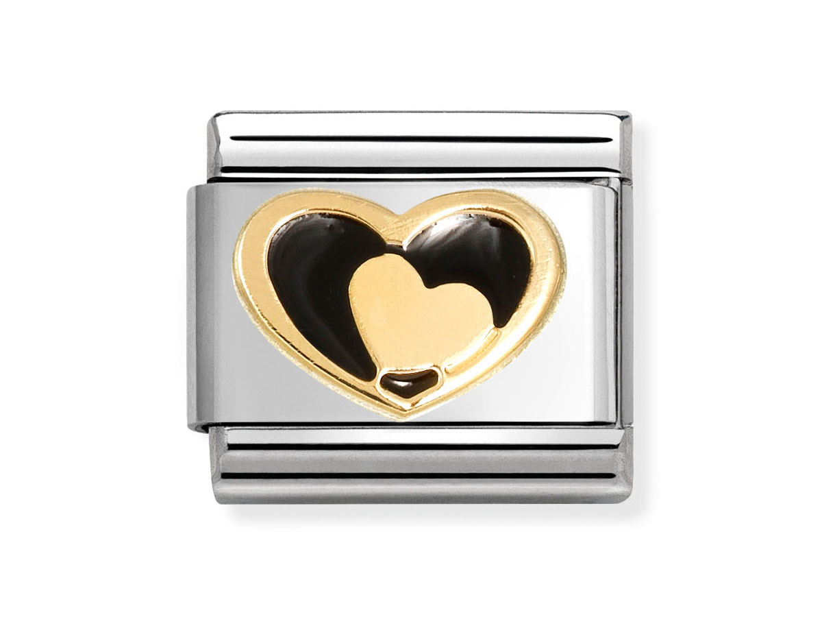 Ein klassisches Herz in Herz Design aus 585 Gelbgold und schwarzer Emaille, hergestellt von Nomination, ideal für persönliche Schmuckstücke.