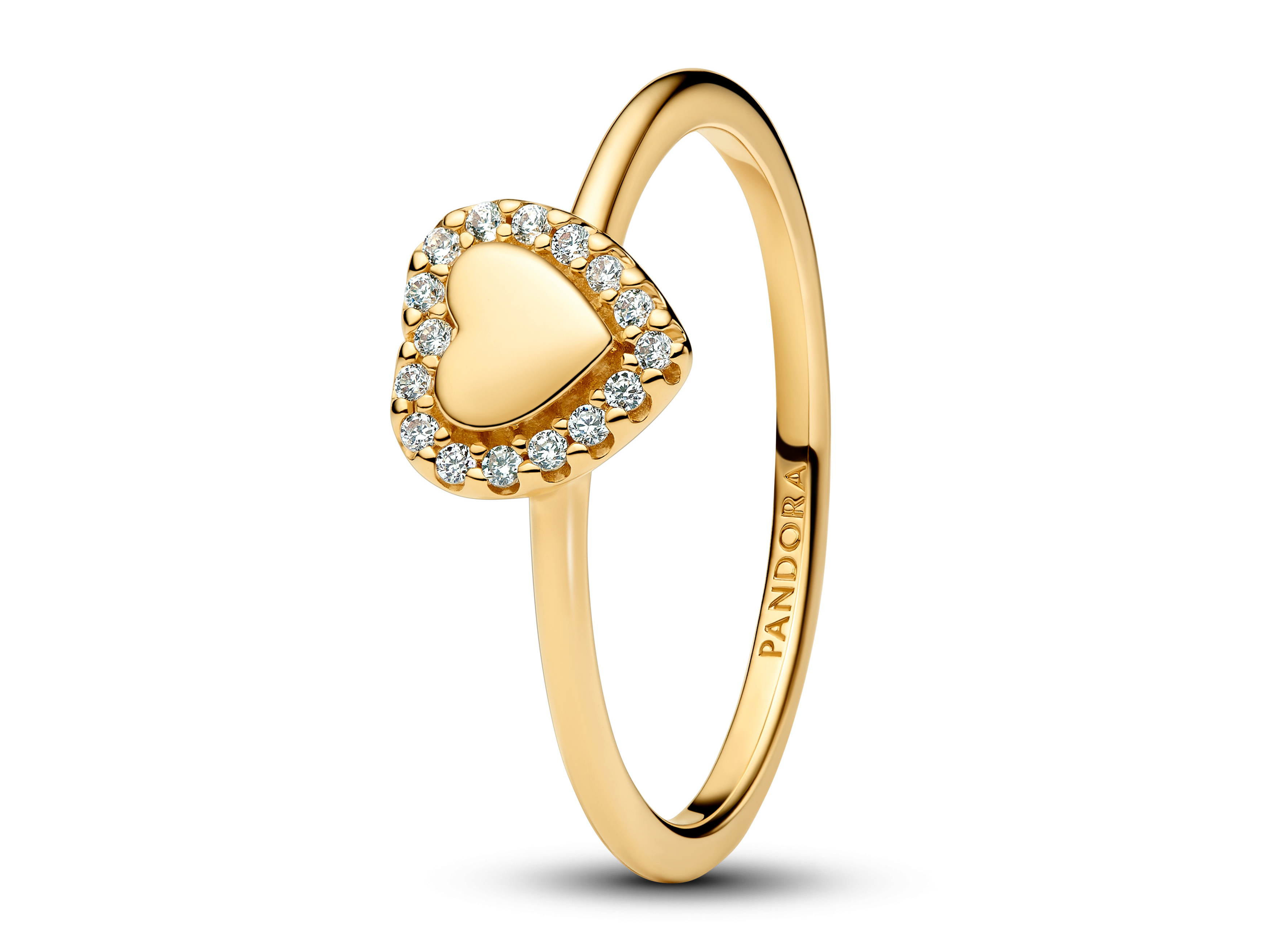 Pandora 163801C01-48 Ring in Gelbgold Vergoldung mit Herz Halo Design, besetzt mit funkelnden Zirkoniasteinen, Größe 48, elegantes Schmuckstück für jeden Anlass.