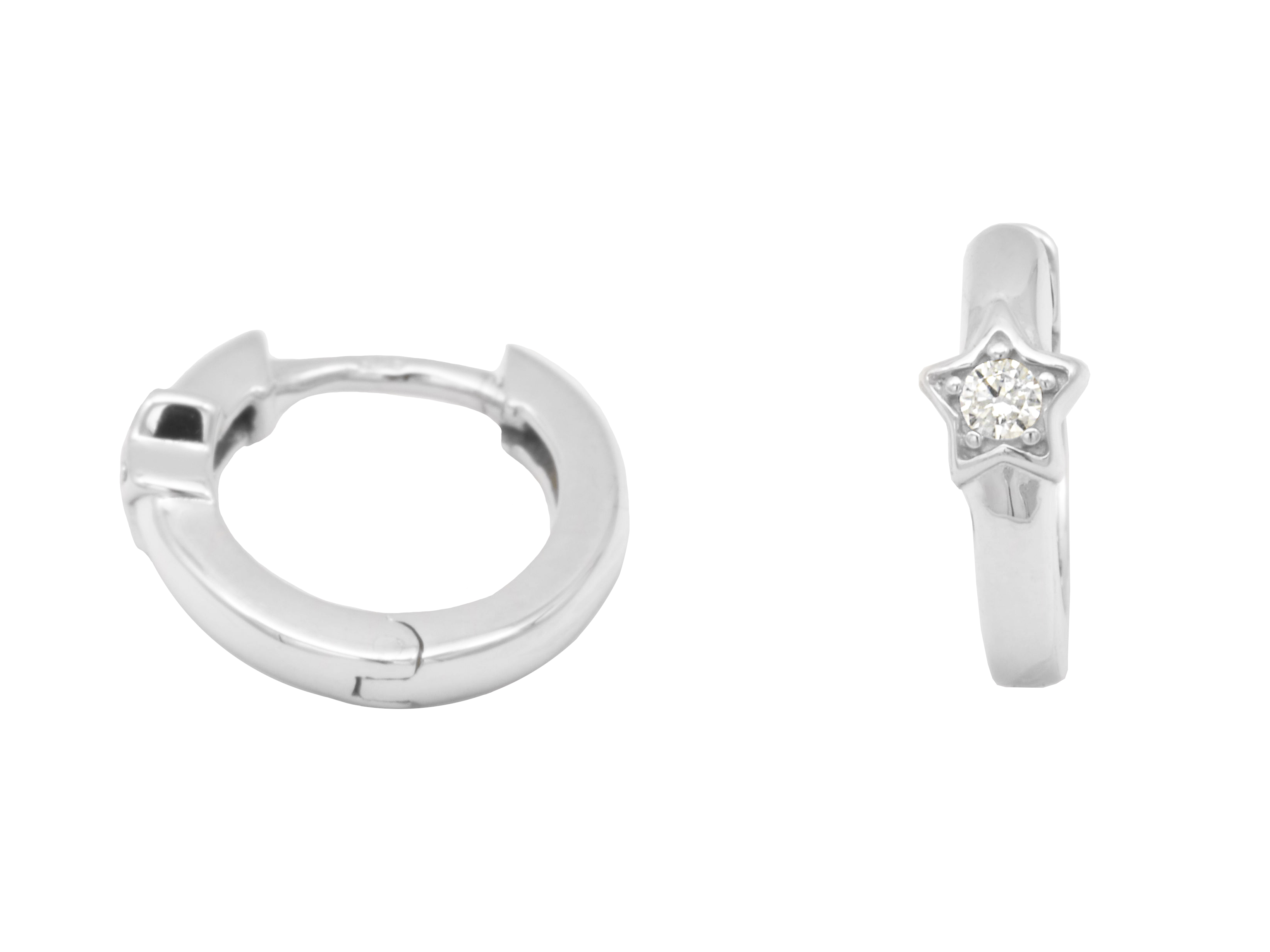 Creolen Ohrringe in sterneform aus rhodiniertem Sterling Silber, poliert mit einem weißen Zirkonia Stein, 1,2 cm groß, hergestellt von Juwelier Harnisch, geeignet für Kinder.