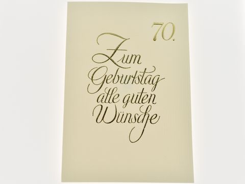 Geburtstagskarte in elegantem Design mit goldener Schrift, auf der steht „70. Zum Geburtstag alle guten Wünsche“, Hersteller Juwelier Harnisch, ideal für besondere Anlässe.