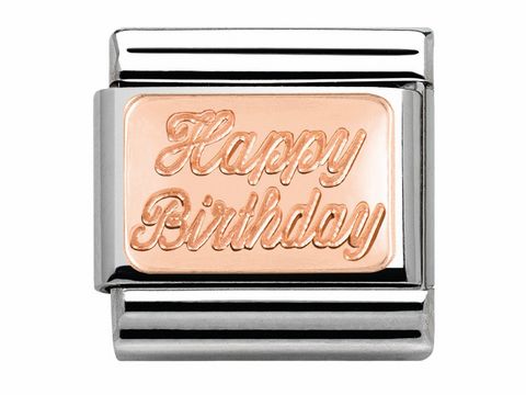 Roségoldene Namensplakette von Nomination mit der Gravur Happy Birthday, eingefasst in ein klassisches silbernes Design, ideal als Geschenk zur Geburtstagsfeier.