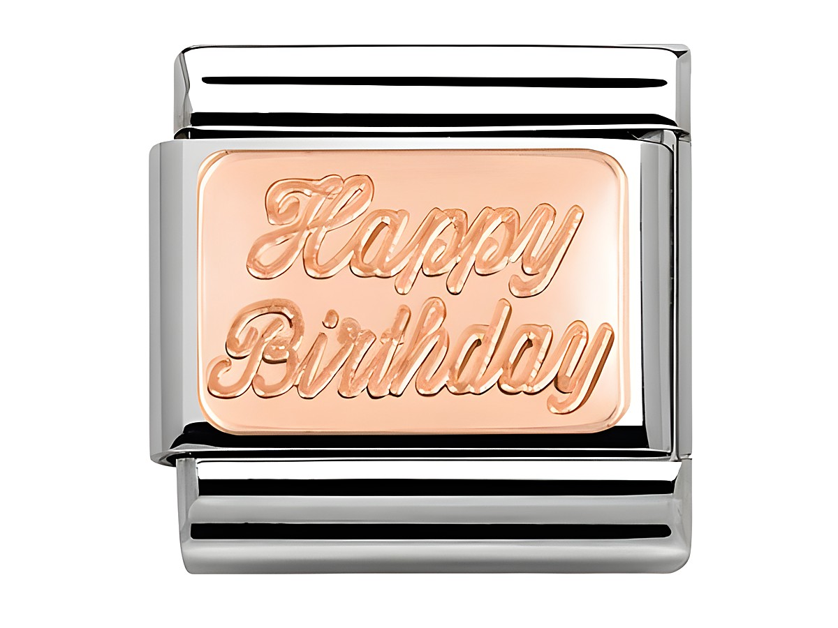 Roségoldene Namensplakette von Nomination mit der Gravur Happy Birthday, eingefasst in ein klassisches silbernes Design, ideal als Geschenk zur Geburtstagsfeier.