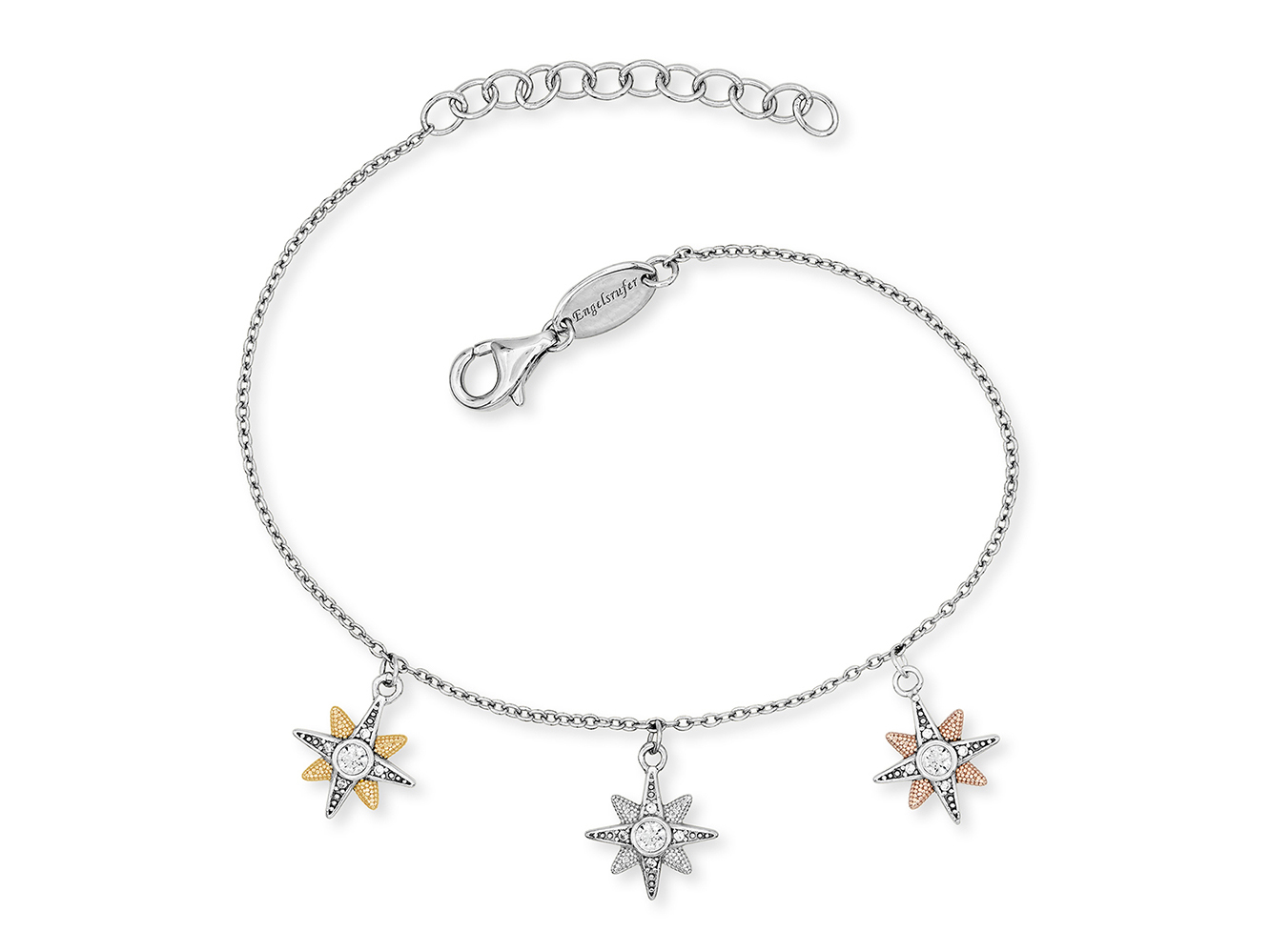 Tricolor Armband von Engelsrufer mit drei Sternanhängern, verziert mit Zirkonia in Gelbgold und Roségold auf rhodiniertem Silber, 17 cm lang, zarter Gliederkettenschluss.