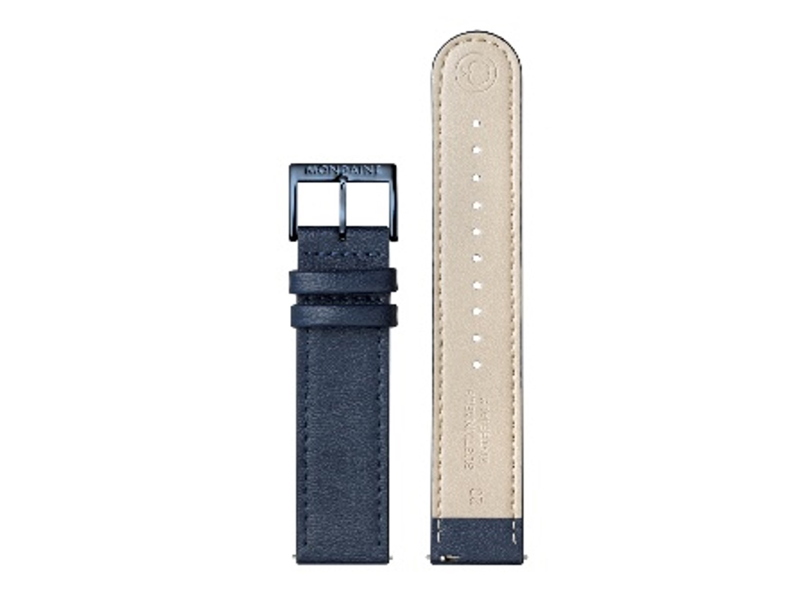 Lederarmband FVM.3120.42D.K von Mondaine aus veganem Apfelleder in Blau mit 20 mm Breite, ausgestattet mit einer schwarzen Dornschließe, ideal als Ersatz für Uhren.