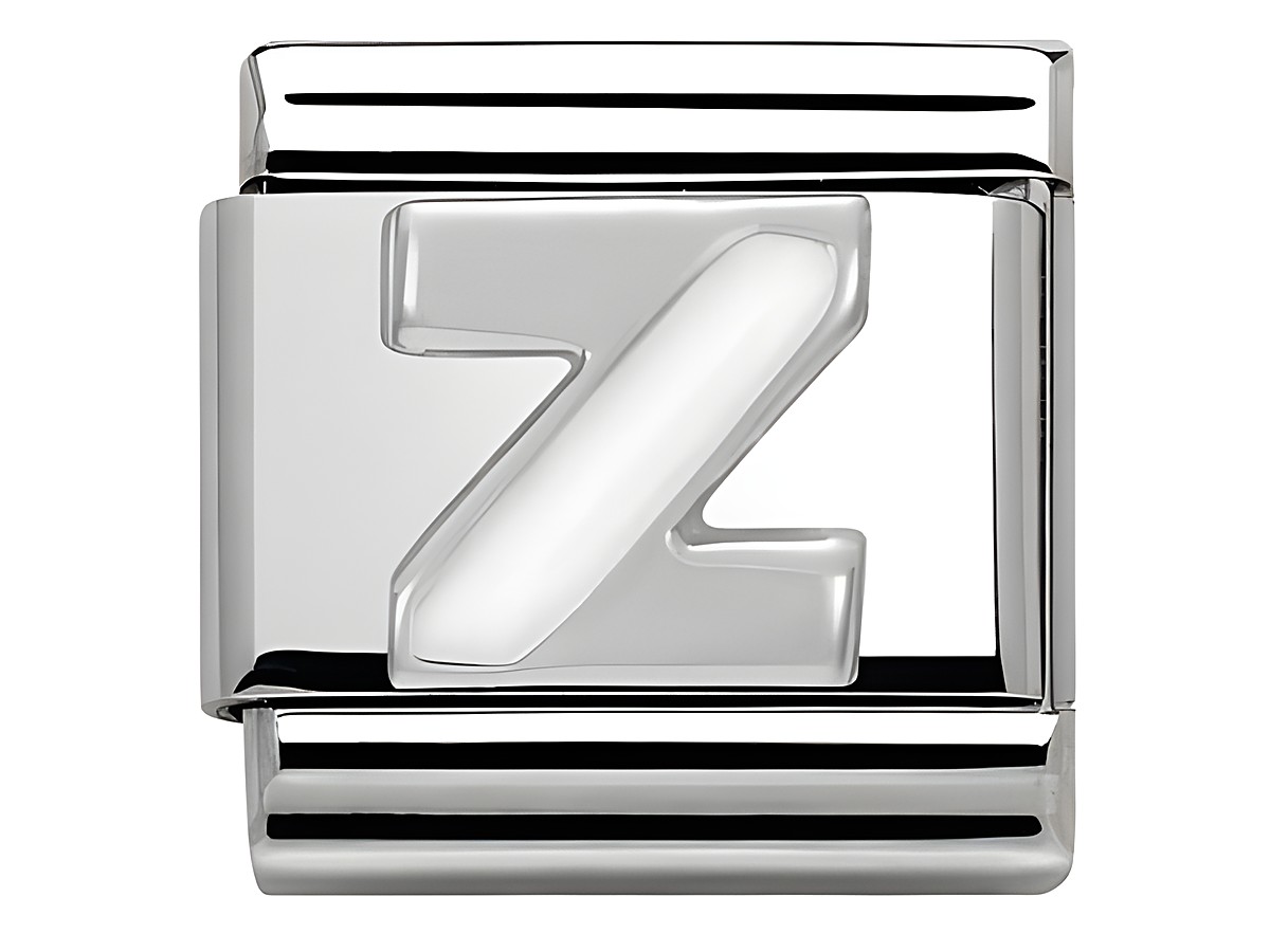 Buchstabe Z aus Emaille in klassischem Silberfarbe, hergestellt von Nomination, zur Verwendung in Schmuckstücken und personalisierten Armbändern. Ideal für individuelle Designs.
