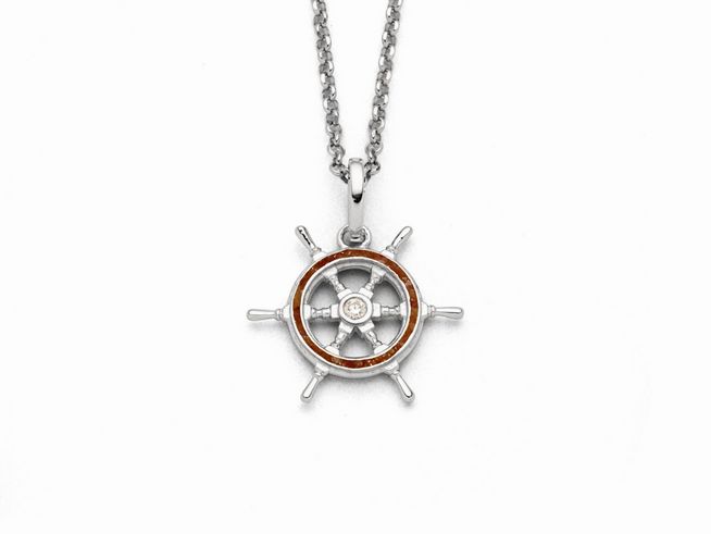 Sterling Silber Kette mit Steuerrad-Anhänger, verziert mit Bernstein und Zirkonia, Länge 42 cm, modernes und maritimes Design von DUR.