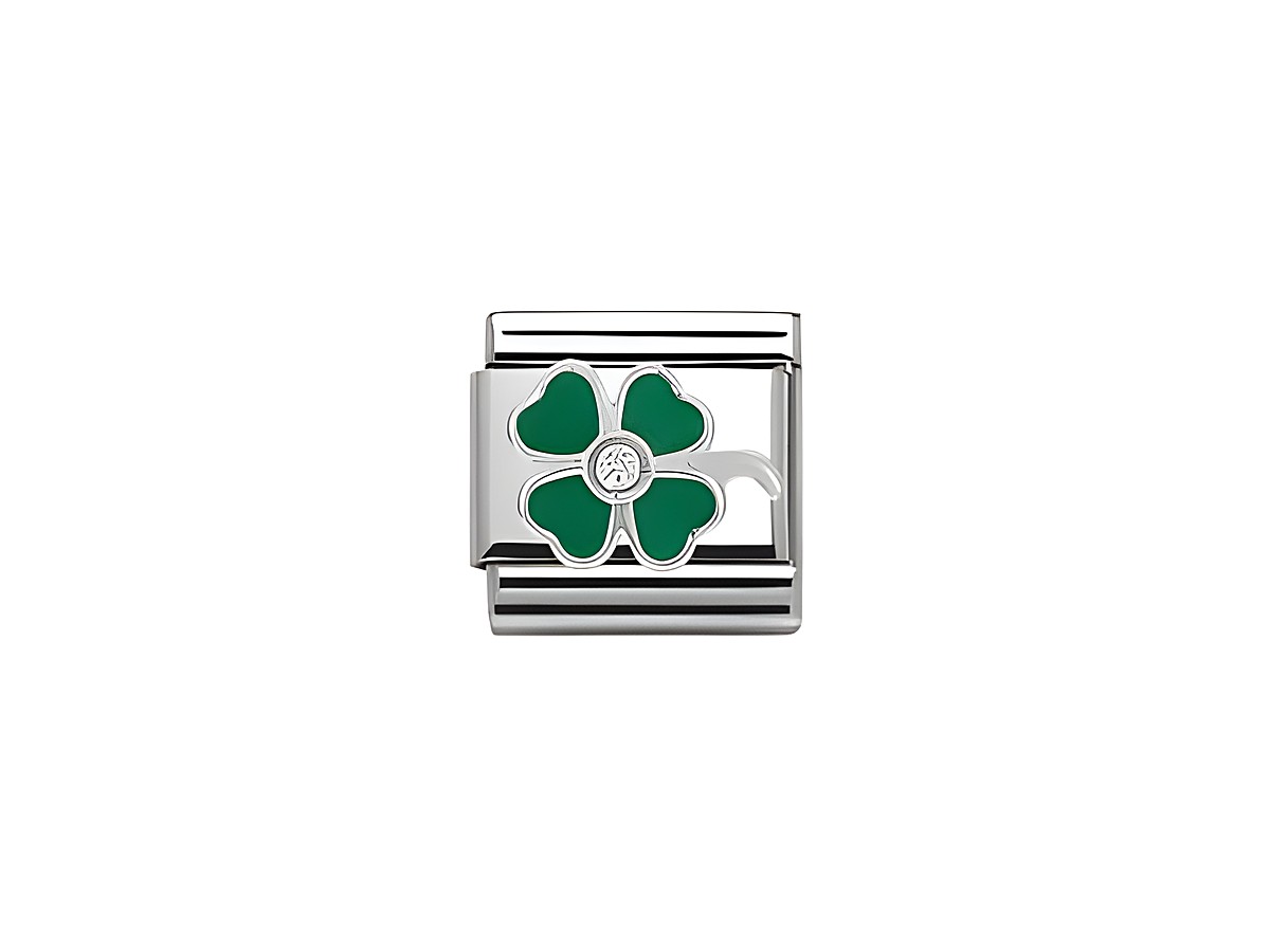 Glücksklee in leuchtendem Grün mit Zirkonia, gefertigt von Nomination, Modell Classic 330305 13, verleiht jedem Schmuckstück einen Hauch von Eleganz und Glück.