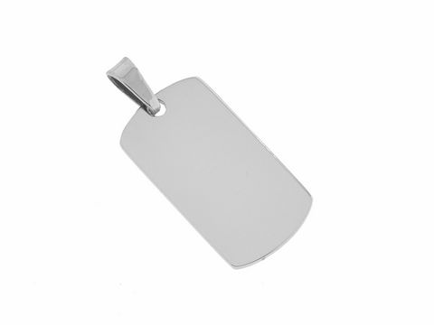Edelstahl Anhänger in rechteckiger Form mit den Maßen 2,5 x 1,2 cm, klassisches Design, ideal für Gravuren, hergestellt von Juwelier Harnisch, glänzende oberfläche.