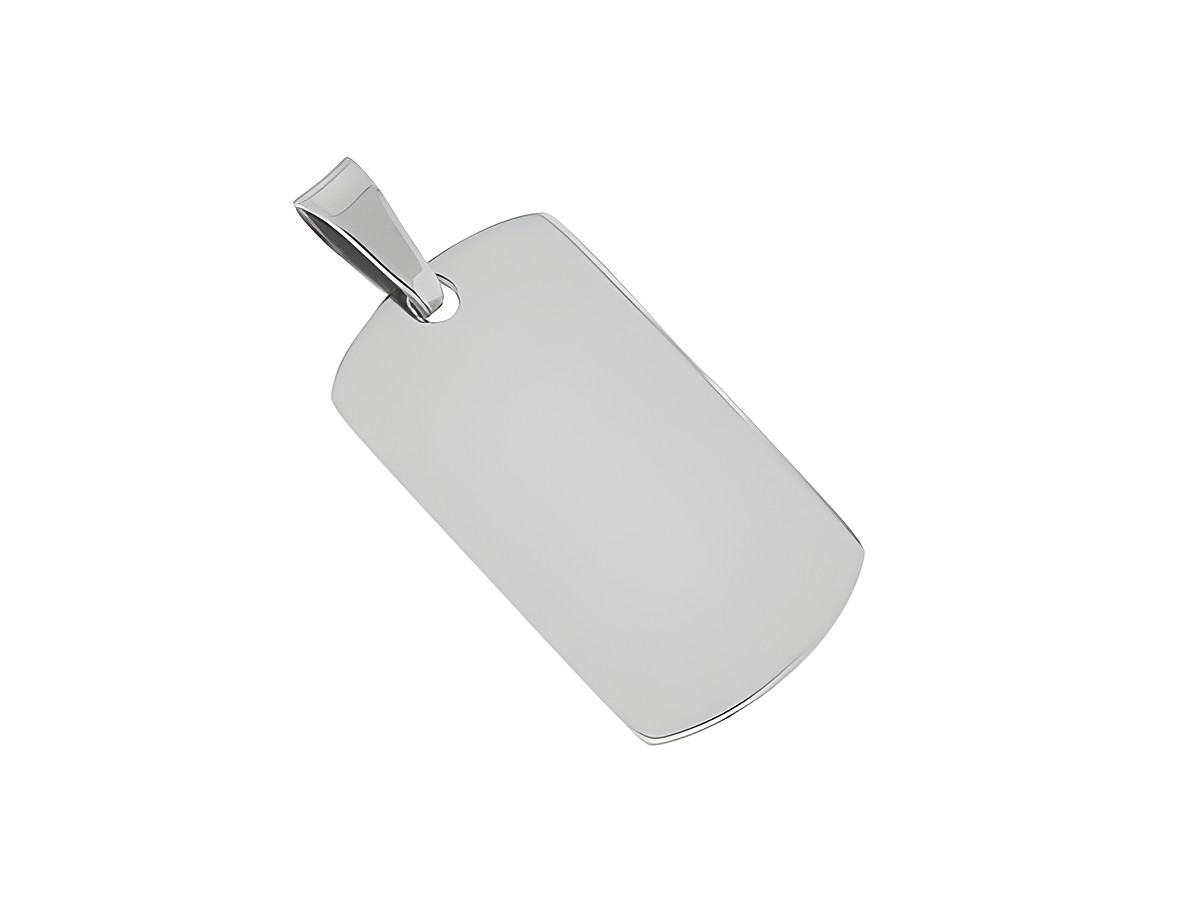 Edelstahl Anhänger in rechteckiger Form mit den Maßen 2,5 x 1,2 cm, klassisches Design, ideal für Gravuren, hergestellt von Juwelier Harnisch, glänzende oberfläche.