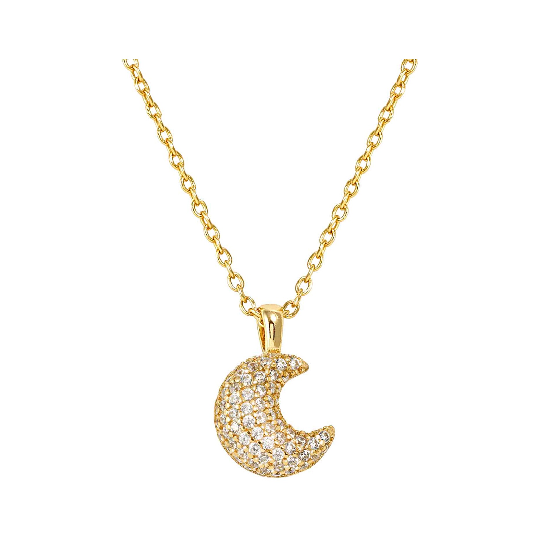 Halskette aus Sterling Silber mit vergoldetem Mondanhänger, besetzt mit funkelnden Zirkonia-Steinen, elegant und modern, ideal für besondere Anlässe oder als tägliches Accessoire.