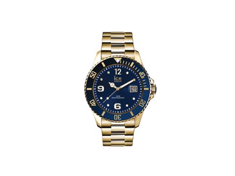 Die Ice-Watch ICE steel 016762 in Gold hat ein blaues Ziffernblatt, goldene Zeiger und ein masiven Gliederarmband aus Edelstahl, ideal für elegante Anlässe und den Alltag.