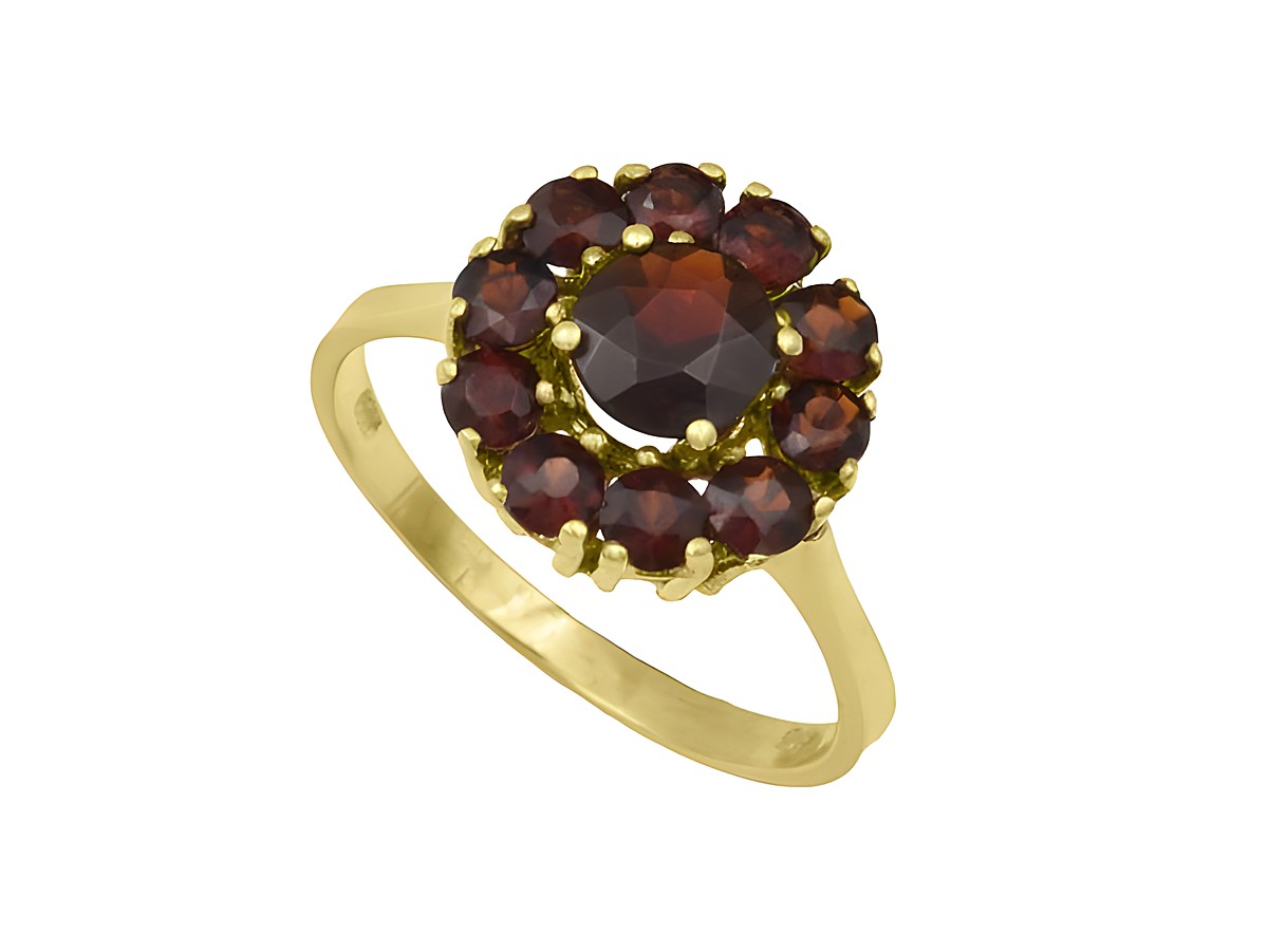 Gelbgold Ring mit blumiger Gestaltung aus Gelbgold 375, besetzt mit Granatssteinen, Größe 58, Hersteller Juwelier Harnisch, ideal bis Größe 58/18,5.