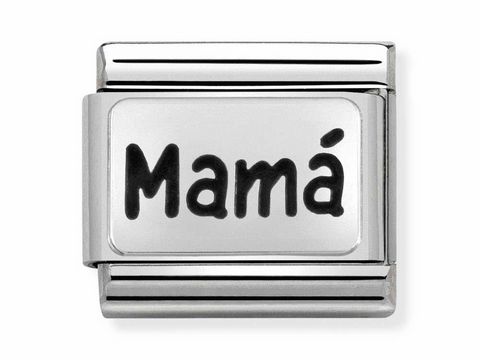 Oxidierte Plakette mit der Aufschrift Mama in schwarzer Schrift, silberne Oberfläche, elegant und stilvoll, geeignet für Schmuck von Nomination.