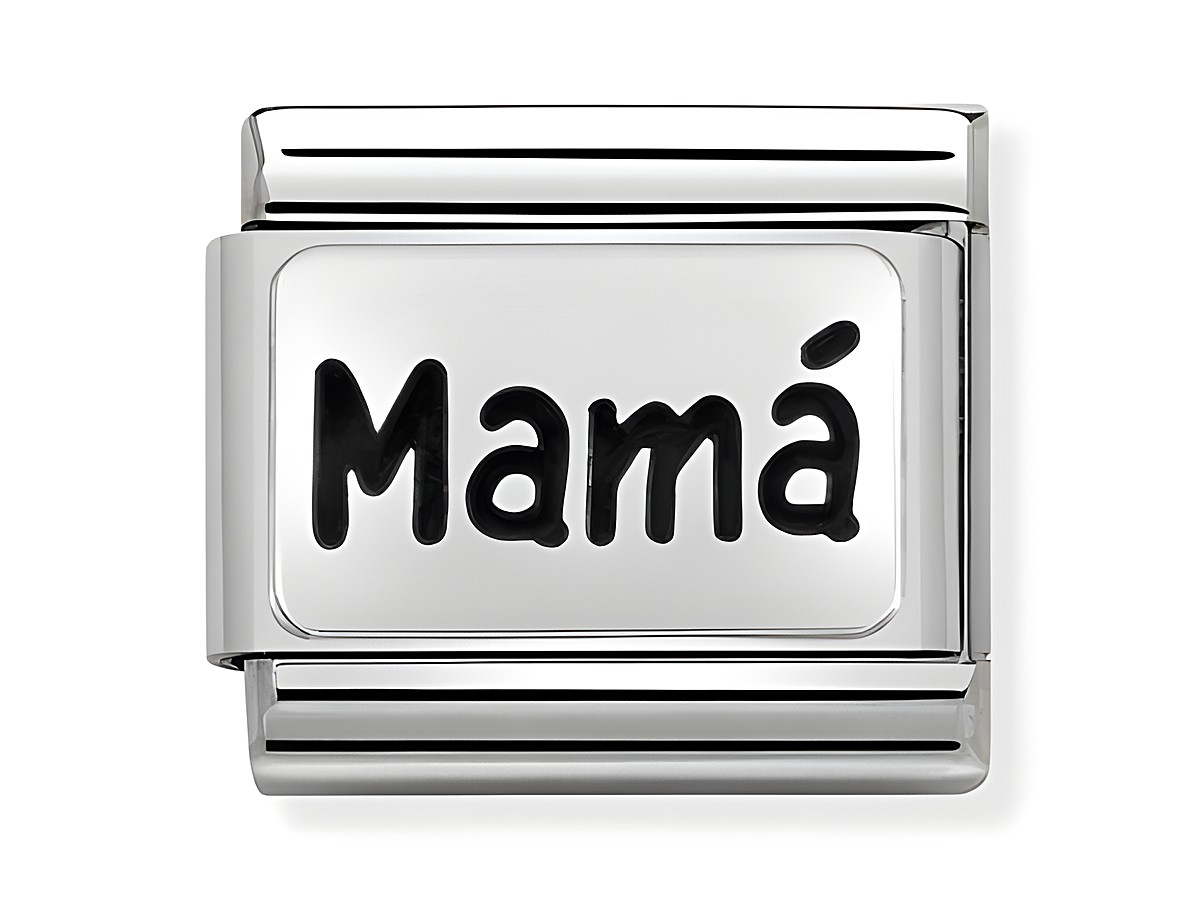 Oxidierte Plakette mit der Aufschrift Mama in schwarzer Schrift, silberne Oberfläche, elegant und stilvoll, geeignet für Schmuck von Nomination.