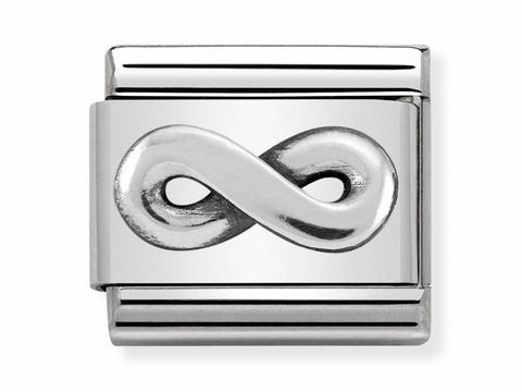 Silberner Charm mit Unendlichkeitssymbol, oxidierte Oberfläche, hergestellt von Nomination in der Kollektion SilverShine Classic, ideal für Armbänder und modischen Schmuck.